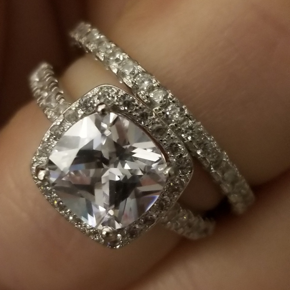 Silver Cushion-Cut Halo Engagement Ring with Pavé Band - White